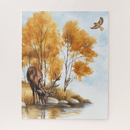 Autumn Woodland Creek Deer and Hawks Nature Jigsaw Puzzle