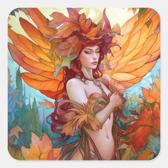 Autumn Woodland Fairy Fantasy Art Square Sticker (Front)