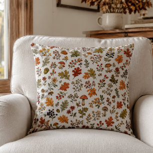 Autumn Woodland Floral Leaf Mushroom Pattern Throw Pillow