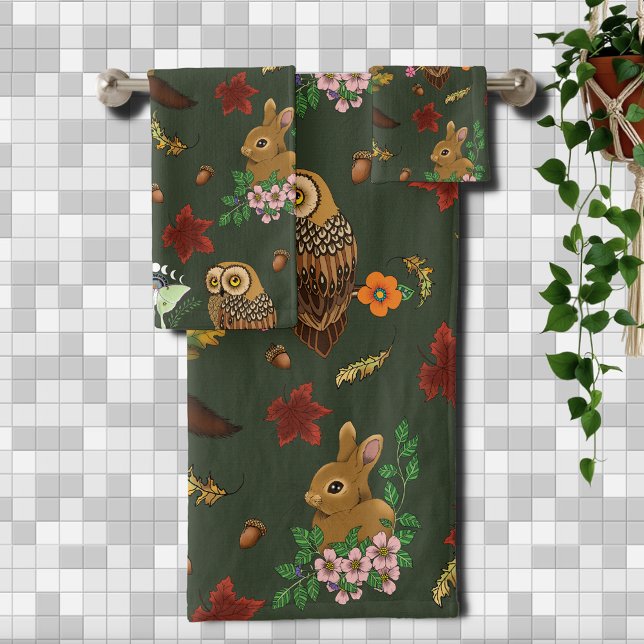 Autumn Woodland Forest Animals Green Bath Towel Set (Creator Uploaded)