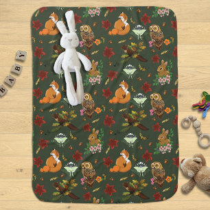 Autumn Woodland Forest Animals Green Pattern Baby Blanket