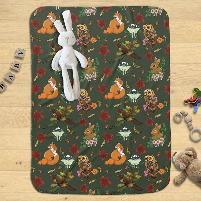 Autumn Woodland Forest Animals Green Pattern Baby Blanket (Creator Uploaded)
