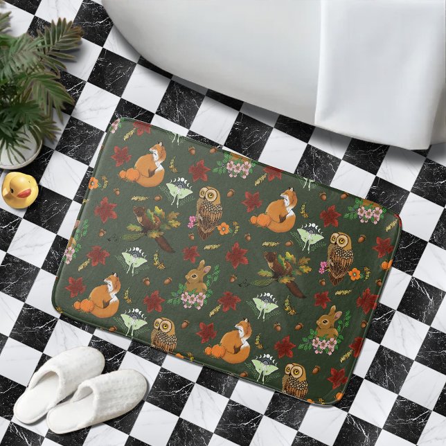 Autumn Woodland Forest Animals Green Pattern Bath Mat (Creator Uploaded)