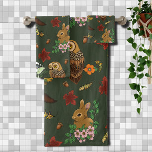 Autumn Woodland Forest Animals Green Pattern Bath Towel Set