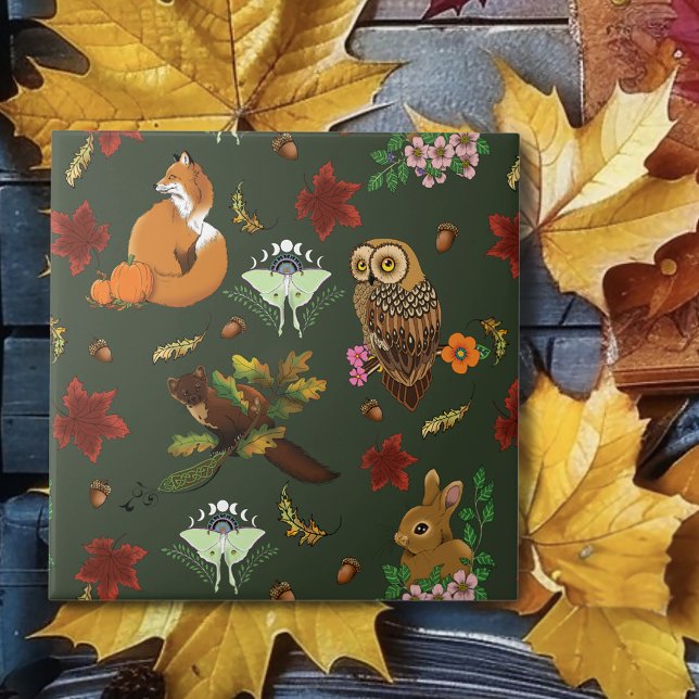 Autumn Woodland Forest Animals Green Pattern Ceramic Tile (Creator Uploaded)