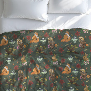 Autumn Woodland Forest Animals Green Pattern Duvet Cover