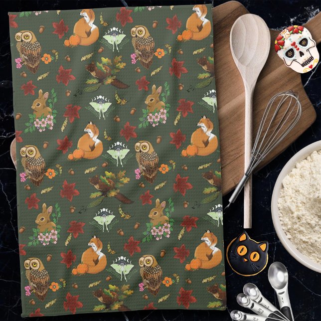 Autumn Woodland Forest Animals Green Pattern Kitchen Towel (Creator Uploaded)