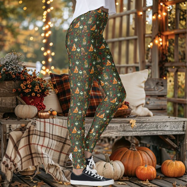 Autumn woodland Forest Animals Green Pattern Leggings (Creator Uploaded)
