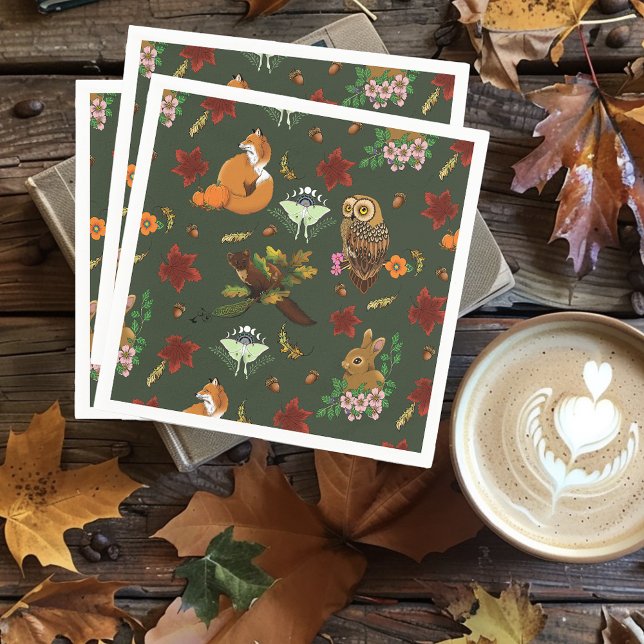 Autumn Woodland Forest Animals Green Pattern Napkins (Creator Uploaded)