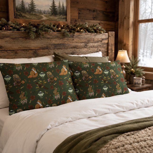 Autumn Woodland Forest Animals Green Pattern  Pillow Case (Creator Uploaded)