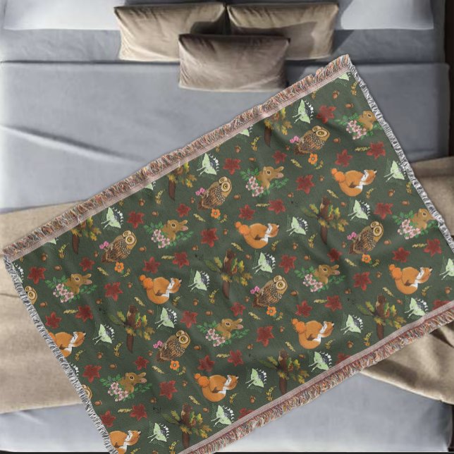 Autumn Woodland Forest Animals Green Pattern Throw Blanket (Creator Uploaded)