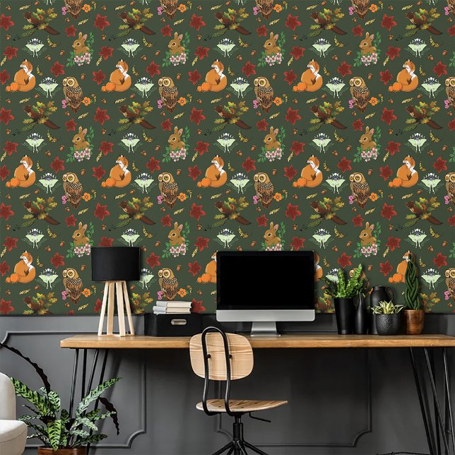 Autumn Woodland Forest Animals Green Pattern Wallpaper (Creator Uploaded)