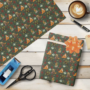 Autumn woodland Forest Animals Green Pattern Wrapping Paper