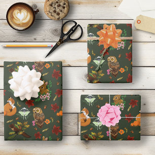 Autumn Woodland Forest Animals Green Pattern Wrapping Paper Sheets