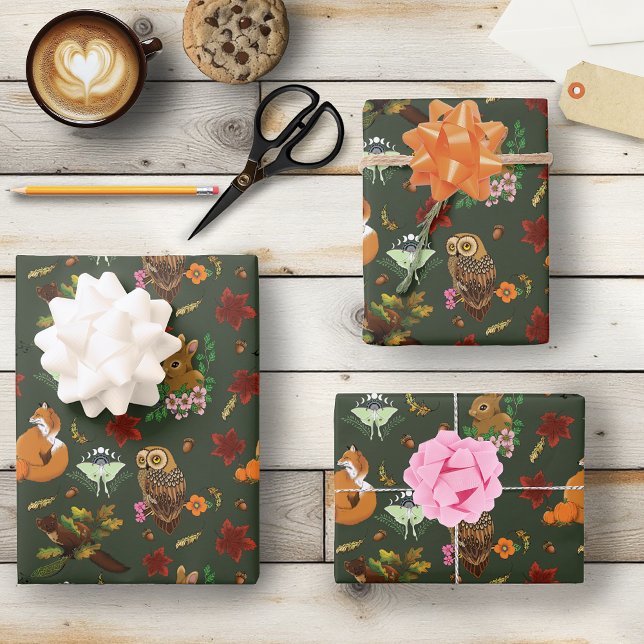 Autumn Woodland Forest Animals Green Pattern Wrapping Paper Sheets (Creator Uploaded)