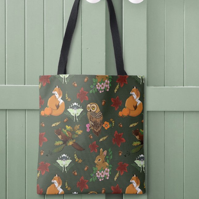 Autumn Woodland Forest Animals Green Tote Bag (Creator Uploaded)