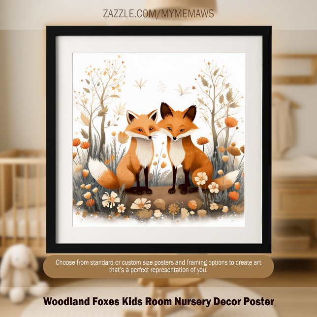 Autumn Woodland Fox Pair Illustration Decor Poster (Woodland Foxes Kids Room Nursery Decor Poster)