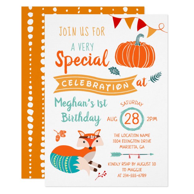 Autumn Woodland Fox Pumpkin Birthday Invitation