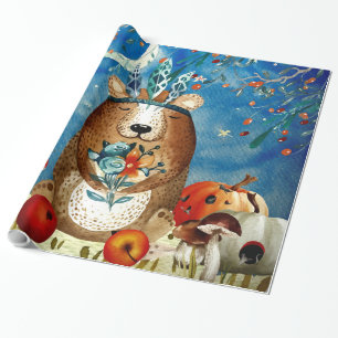 Autumn Woodland Friends Bear Forest Illustration Wrapping Paper