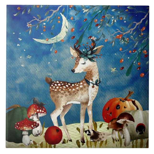 Autumn Woodland Friends Deer Forest Illustration Ceramic Tile (Front)