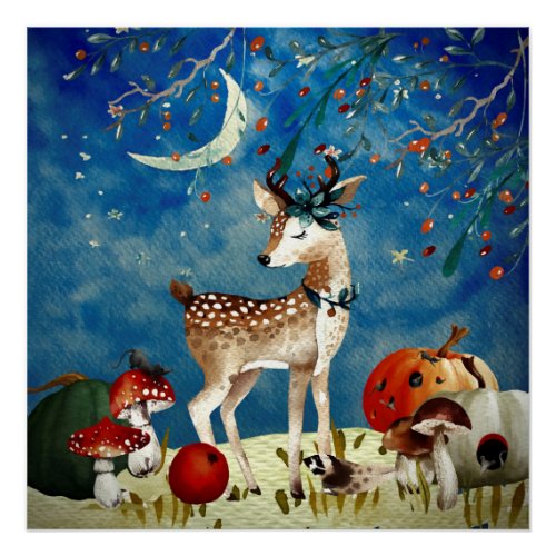 Autumn Woodland Friends Deer Forest Illustration Poster