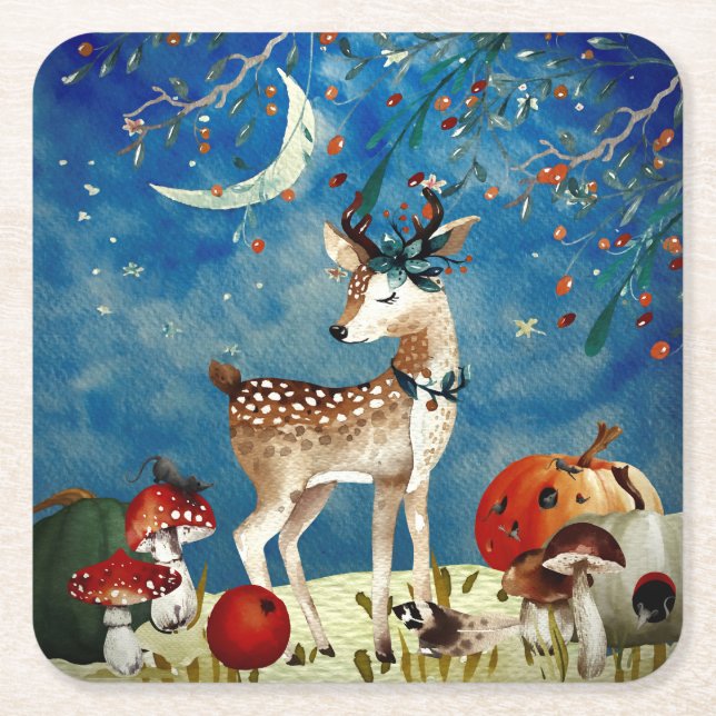 Autumn Woodland Friends Deer Forest Illustration Square Paper Coaster (Front)