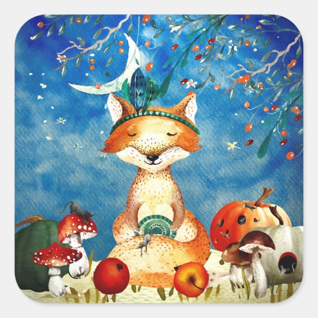 Autumn Woodland Friends Fox Forest Illustration Square Sticker (Front)