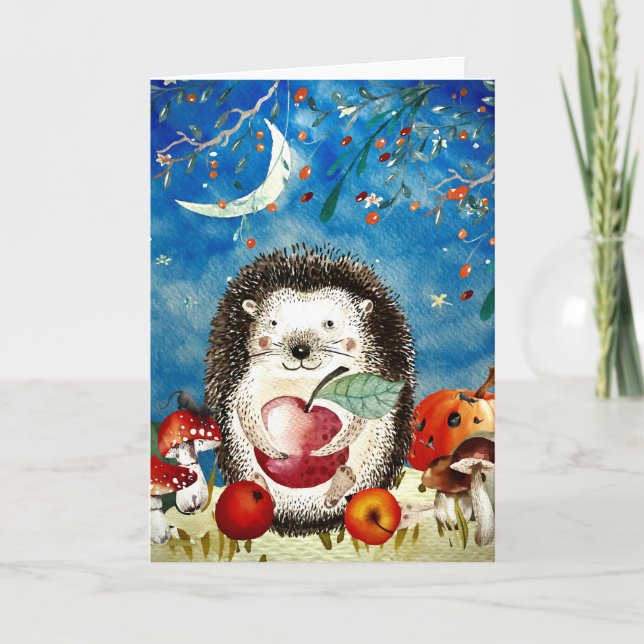 Autumn Woodland Friends Hedgehog Forest Drawing Card (Front)