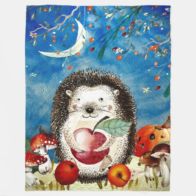 Autumn Woodland Friends Hedgehog Forest Drawing Fleece Blanket (Front)