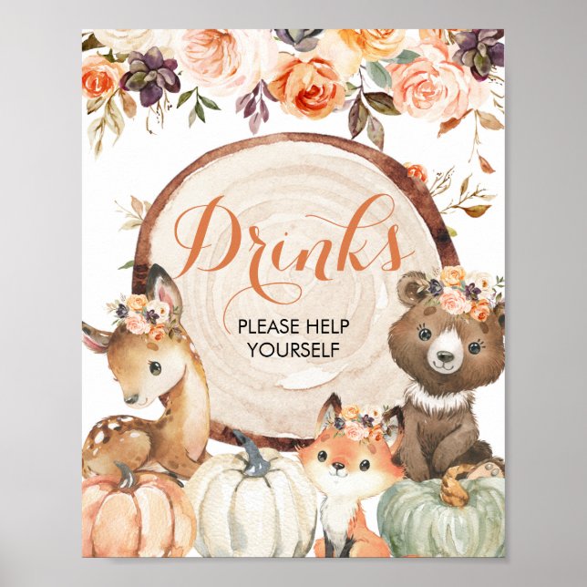 Autumn Woodland Girl Baby Shower Drinks Sign (Front)