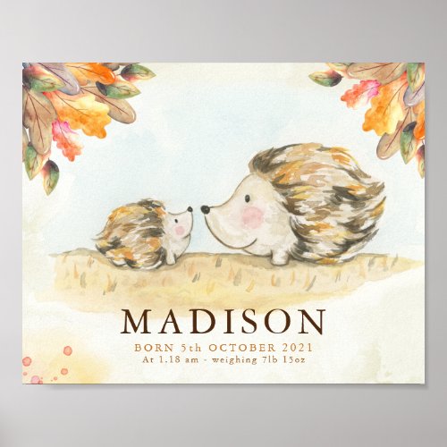 Autumn woodland hedgehognursery name poster