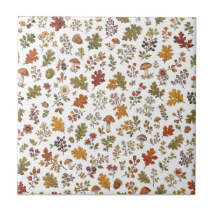 Autumn Woodland Leaves Mushroom Flower Pattern Ceramic Tile