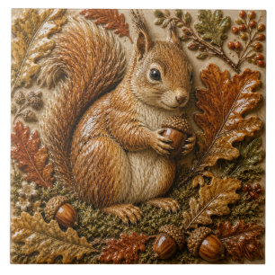 Autumn Woodland Squirrel with Acorn and Oak Leaves Ceramic Tile