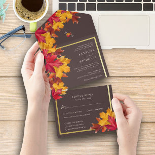 Autumn Woody Brown & Elegant Golden Frame Wedding All In One Invitation