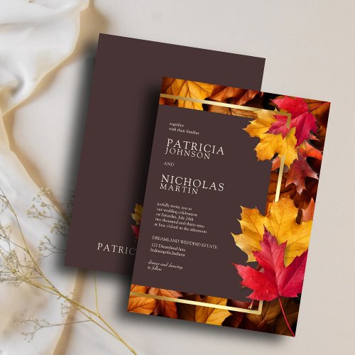 Autumn Woody Brown  Elegant Golden Frame Wedding Invitation