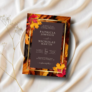 Autumn Woody Brown & Elegant Golden Frame Wedding Invitation