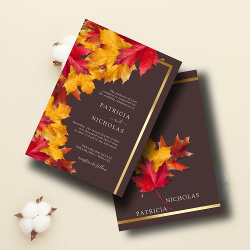 Autumn Woody Brown  Elegant Golden Frame Wedding Invitation