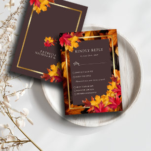 Autumn Woody Brown & Elegant Golden Frame Wedding RSVP Card