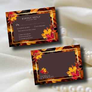 Autumn Woody Brown & Elegant Golden Frame Wedding  RSVP Card