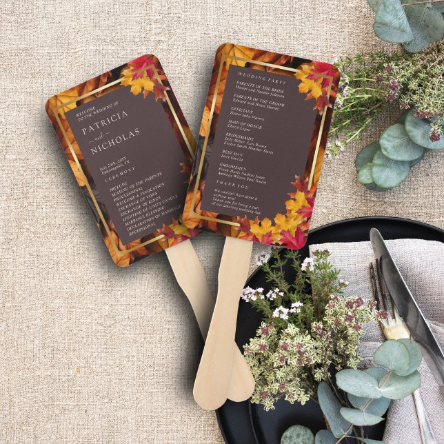 Autumn Woody Brown Elegant Golden Wedding Program Hand Fan (Creator Uploaded)