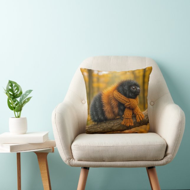 Autumn Woolly Bear Caterpillar Wearing a Scarf Throw Pillow (Chair)