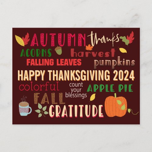 Autumn WordArt Happy Thanksgiving 2024 Brown Postcard