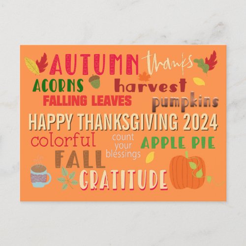 Autumn WordArt Pattern Happy Thanksgiving 2024 Postcard