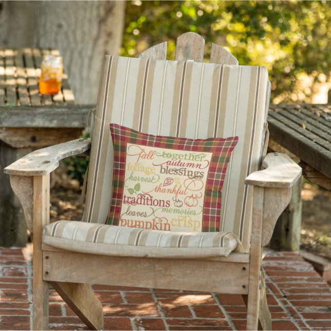 Autumn words on plaid outdoor pillow (Chair)