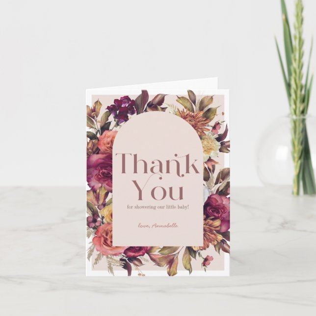 Autumn Wreath Arch Pink Baby Shower Thank You Card (Front)
