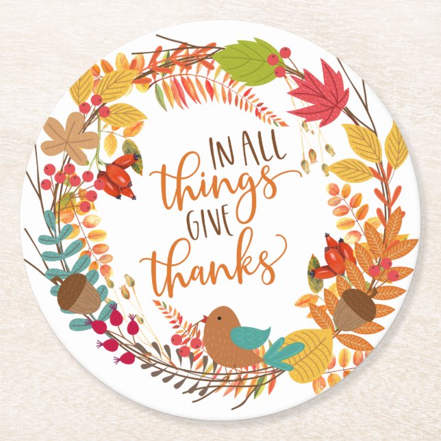 Autumn Wreath Give Thanks Round Paper Coaster (Front)