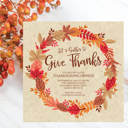 Autumn Wreath Give Thanks Thanksgiving Dinner Invitation