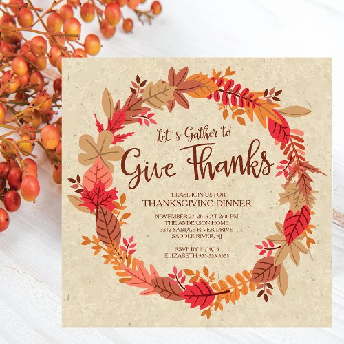 Autumn Wreath Give Thanks Thanksgiving Dinner Invitation