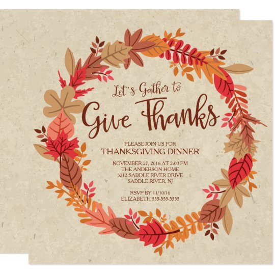 Autumn Wreath Give Thanks Thanksgiving Dinner Invitation | Zazzle.com