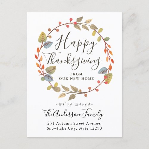 Autumn Wreath Happy Thanksgiving Holiday Moving Announcement Postcard